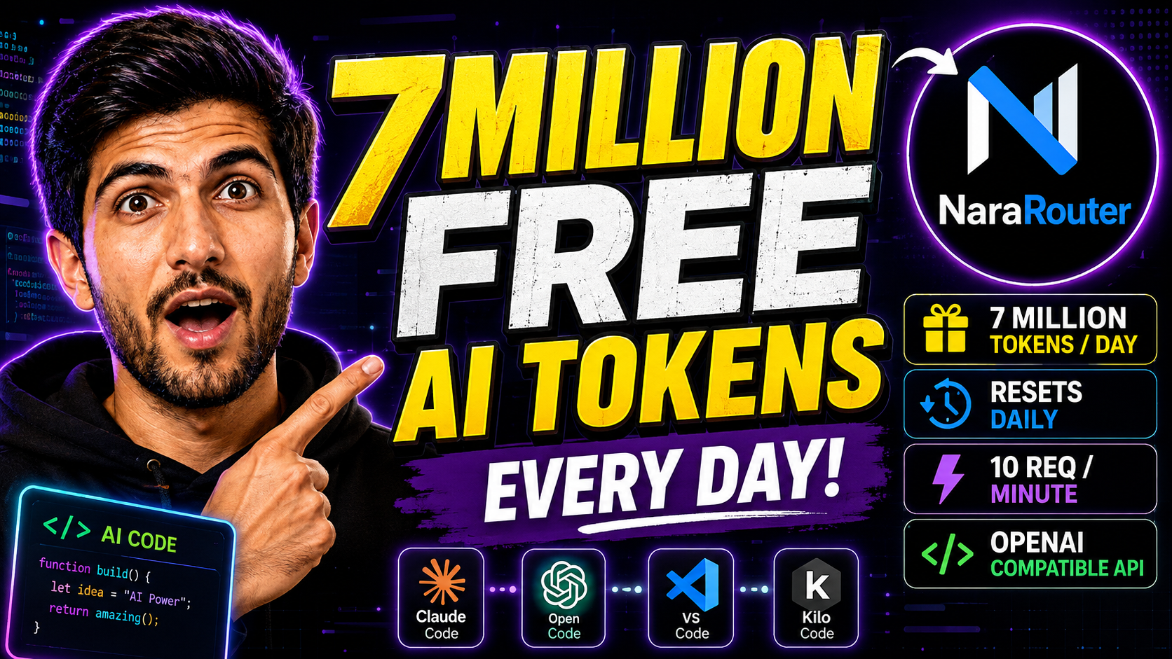 Free 7 Million Tokens everyday using NaraRouter